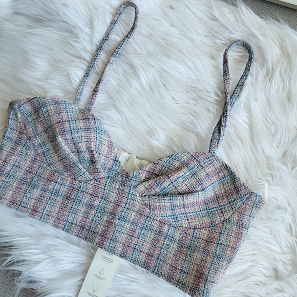 Zara White and Blue Pink Tweed Cropped Bralette Size Small Summer top NWT - Picture 4 of 10